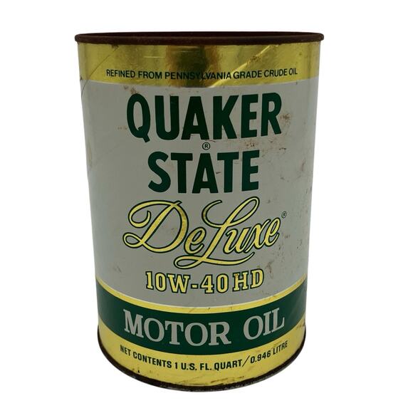 Vintage Quaker State De Luxe 10W-40 HD Motor Oil Can Full - Rusted Top - Picture 1 of 10